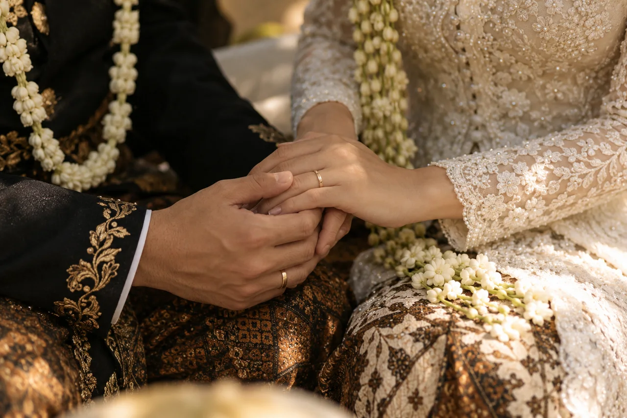 Ilustrasi tangan pasangan dengan cincin pernikahan